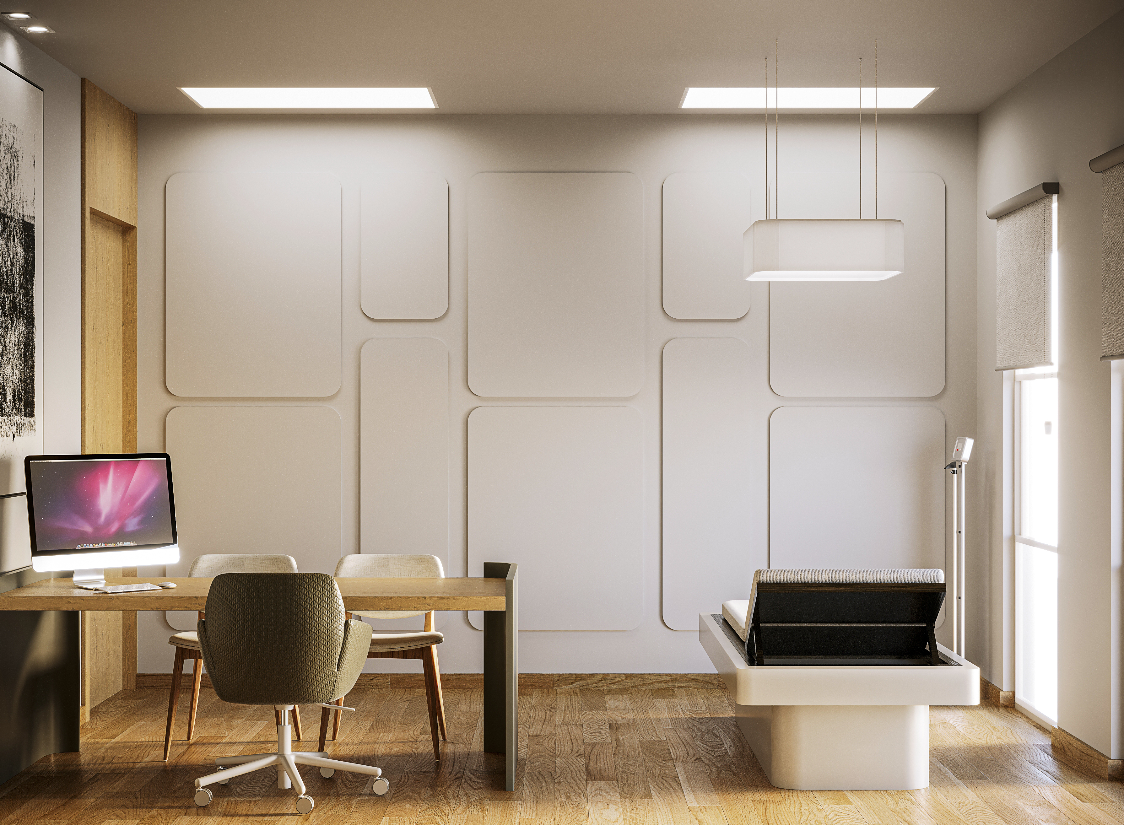 Render de consultorio con muro texturizado y escritorio de madera