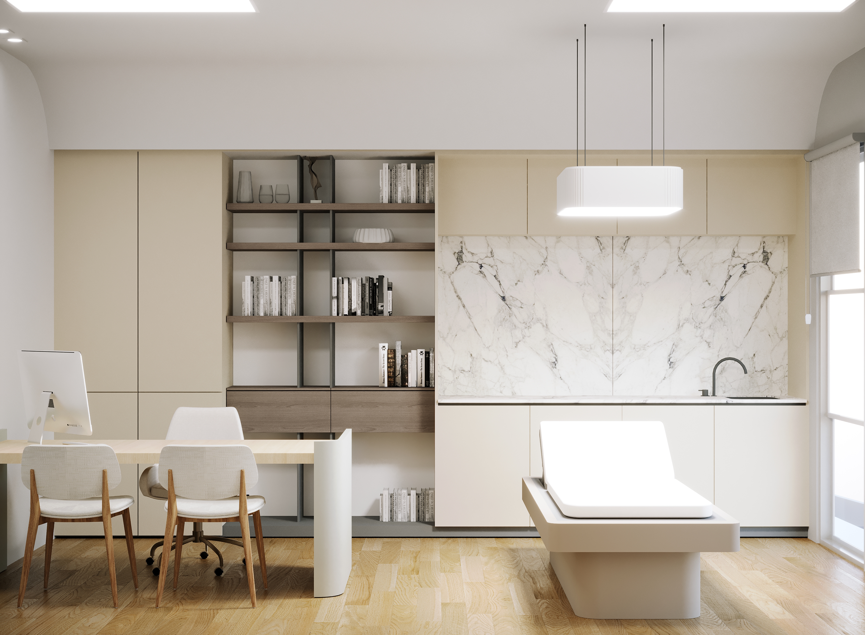 Render del interior de un consultorio de MédicaNorte