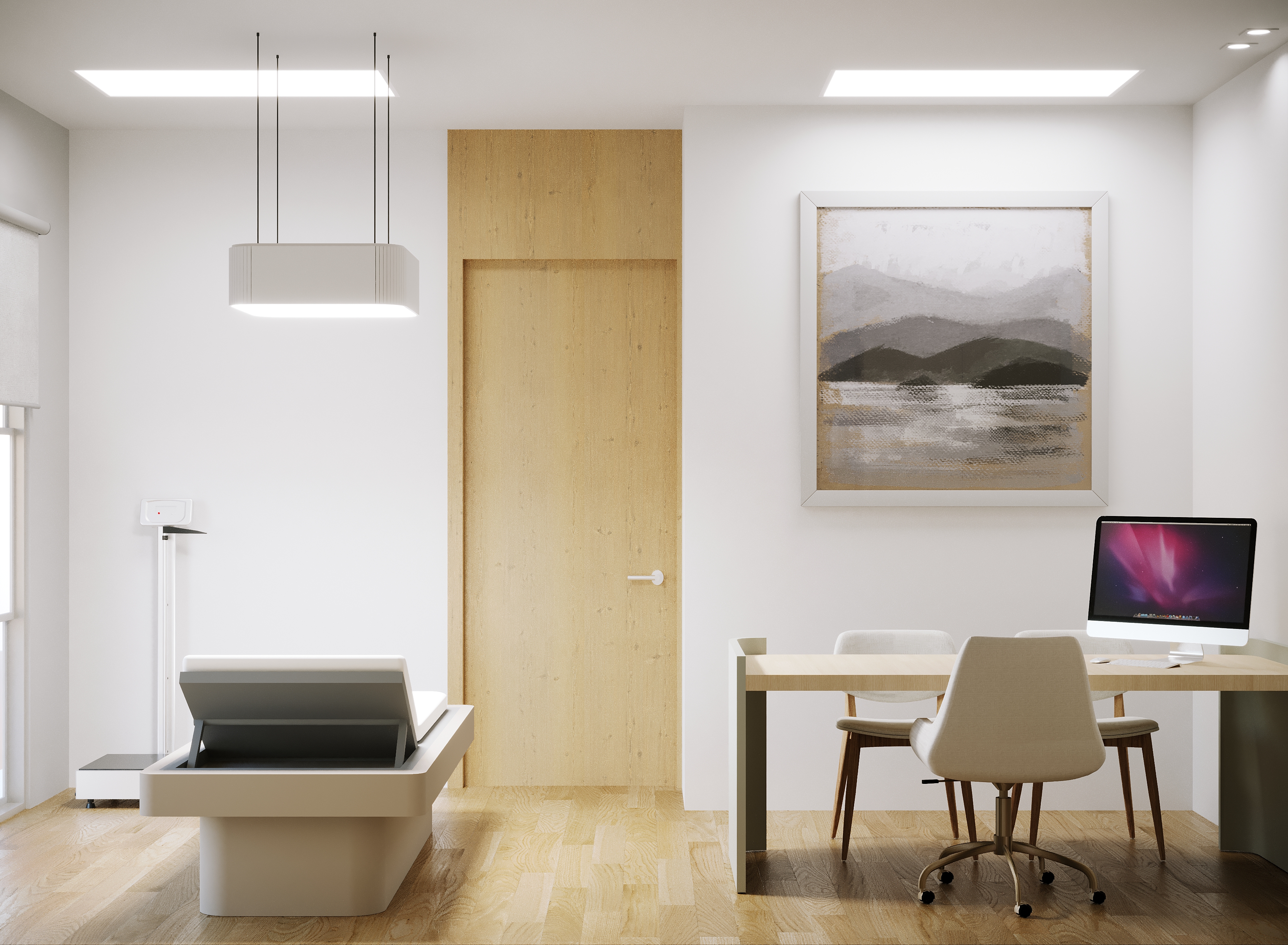 Render de un consultorio con área de exploración en MédicaNorte