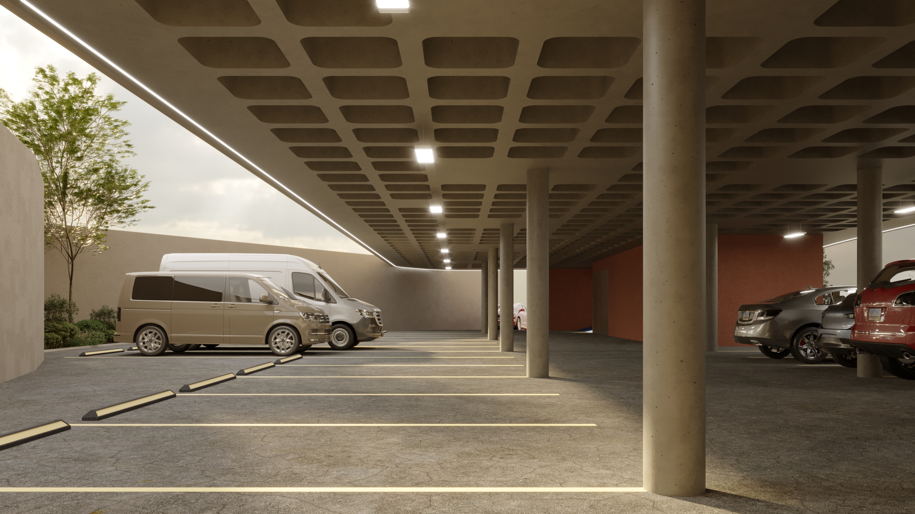 Render del estacionamiento cubierto de MédicaNorte