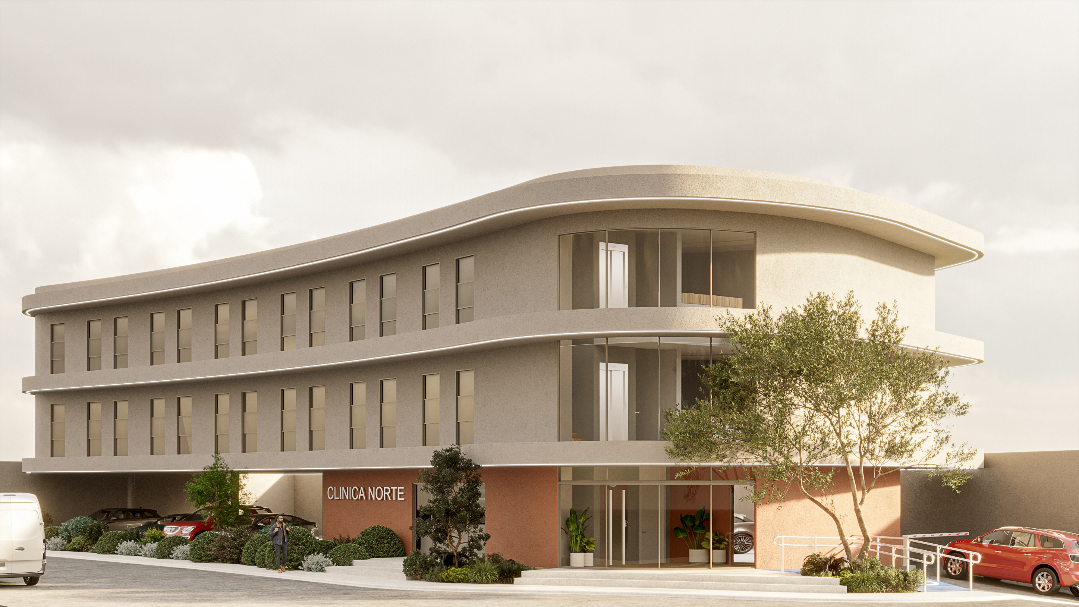Render del acceso principal de MédicaNorte en la zona norte de Chihuahua
