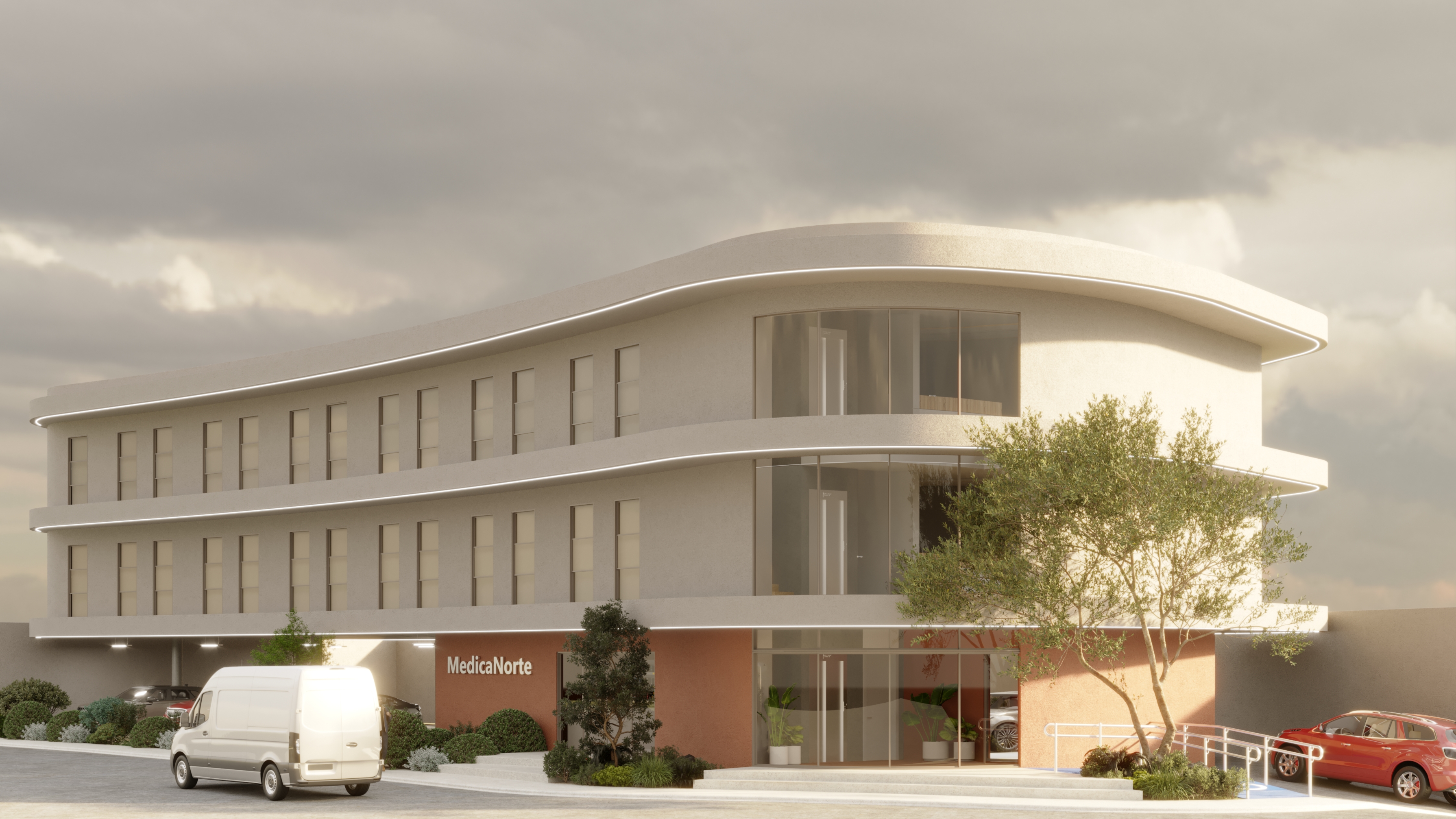 Render de la fachada principal de MédicaNorte, primer proyecto de PREME Desarrollos en Chihuahua