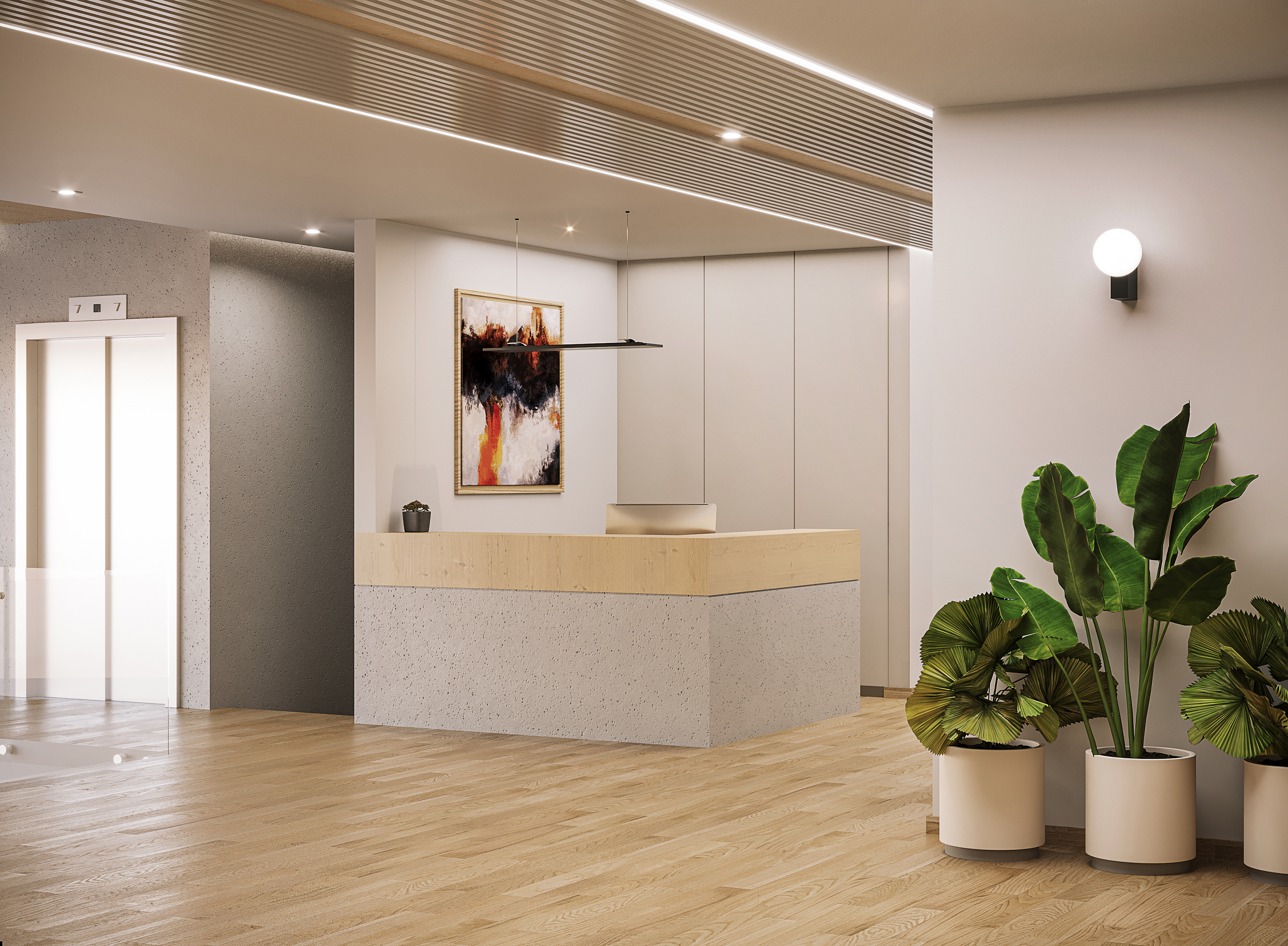 Render del lobby y recepción de MédicaNorte