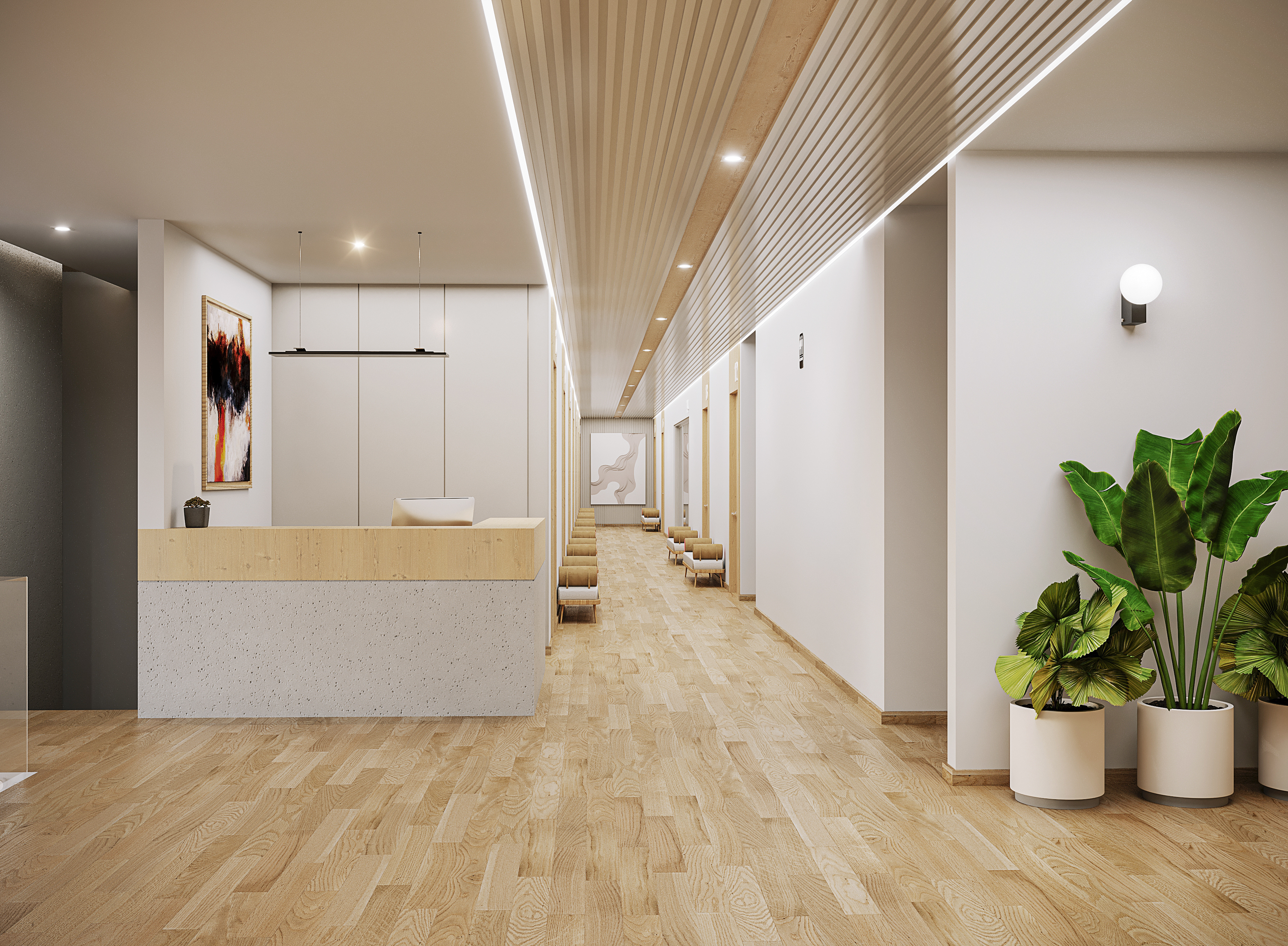 Render del pasillo de consultorios y áreas de espera de MédicaNorte