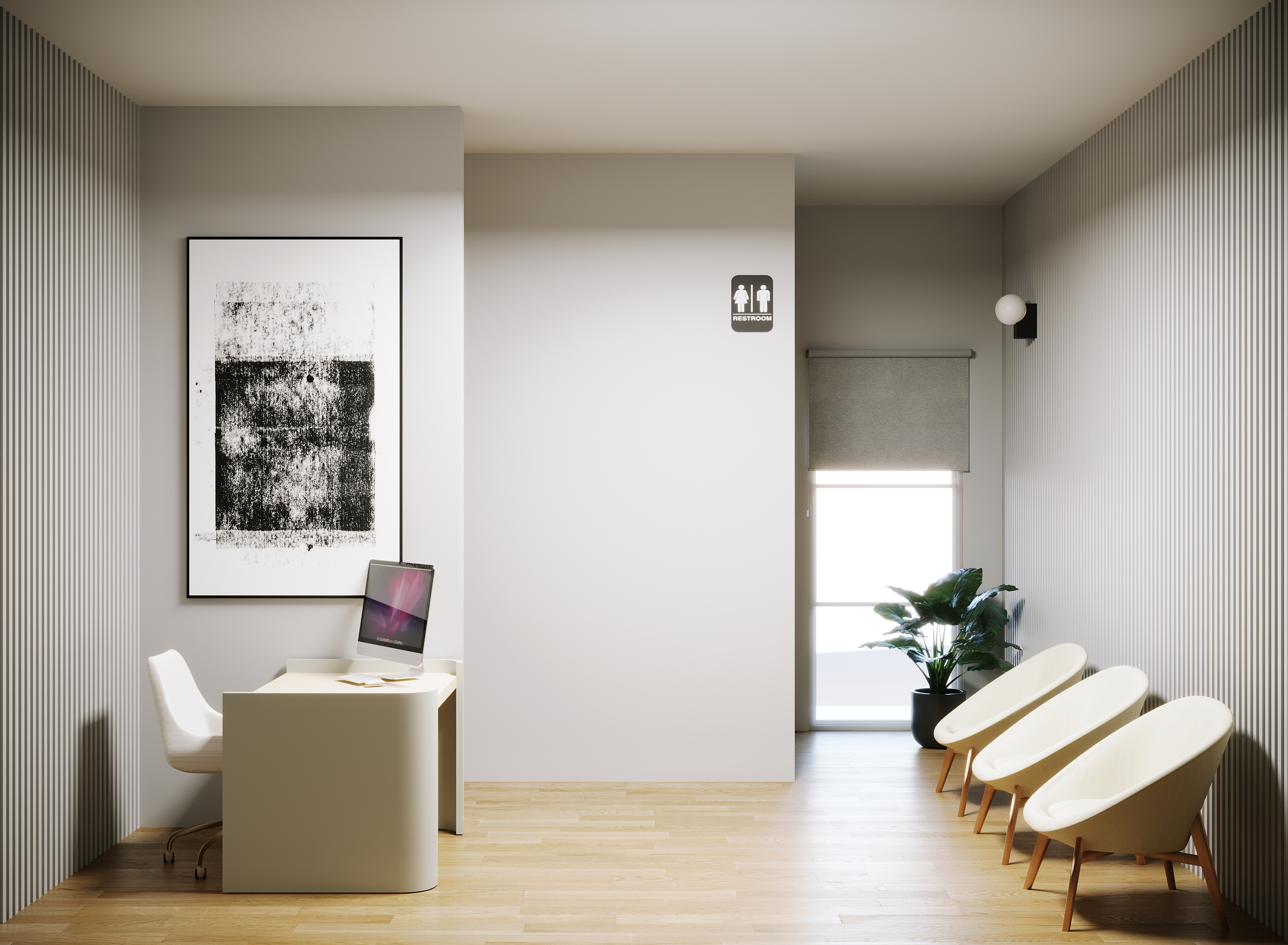 Render del área de recepción propia de un consultorio de MédicaNorte
